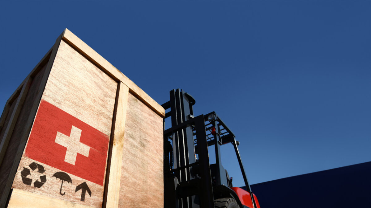Forklift truck with boxes on pallet. Import export cargo concept