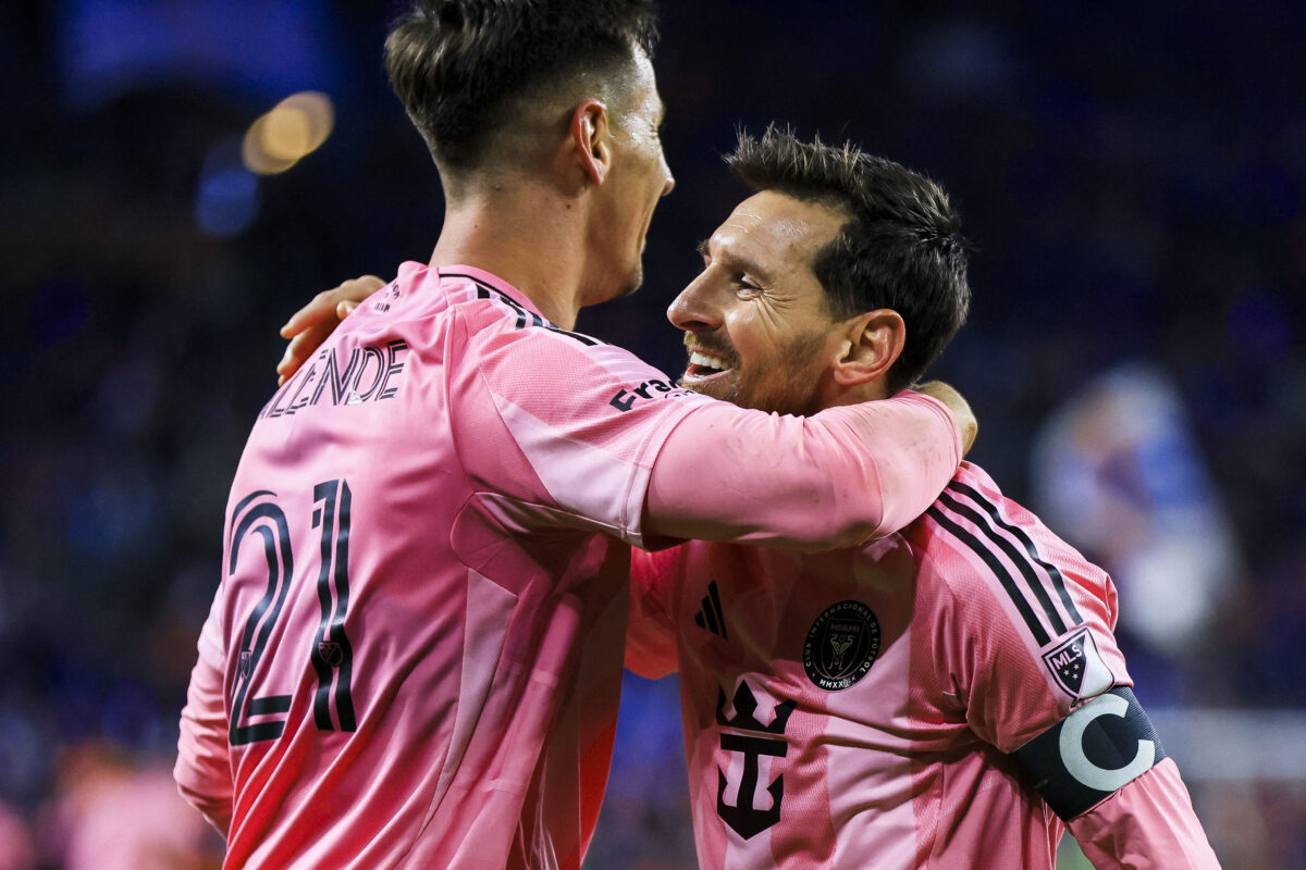 Nov 23, 2025; Cincinnati, Ohio, USA; Inter Miami CF forward Lionel Messi (10) reacts after forward Tadeo Allende (21) scores a goal against FC Cincinnati in the second half at TQL Stadium. Mandatory Credit: Katie Stratman-Imagn Images