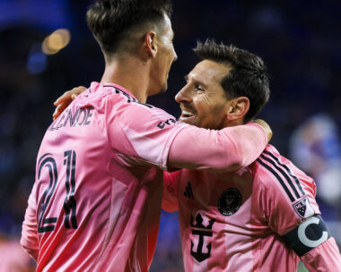 Nov 23, 2025; Cincinnati, Ohio, USA; Inter Miami CF forward Lionel Messi (10) reacts after forward Tadeo Allende (21) scores a goal against FC Cincinnati in the second half at TQL Stadium. Mandatory Credit: Katie Stratman-Imagn Images