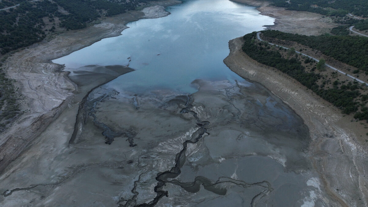 A drone view shows a dried part of Lake Mornos