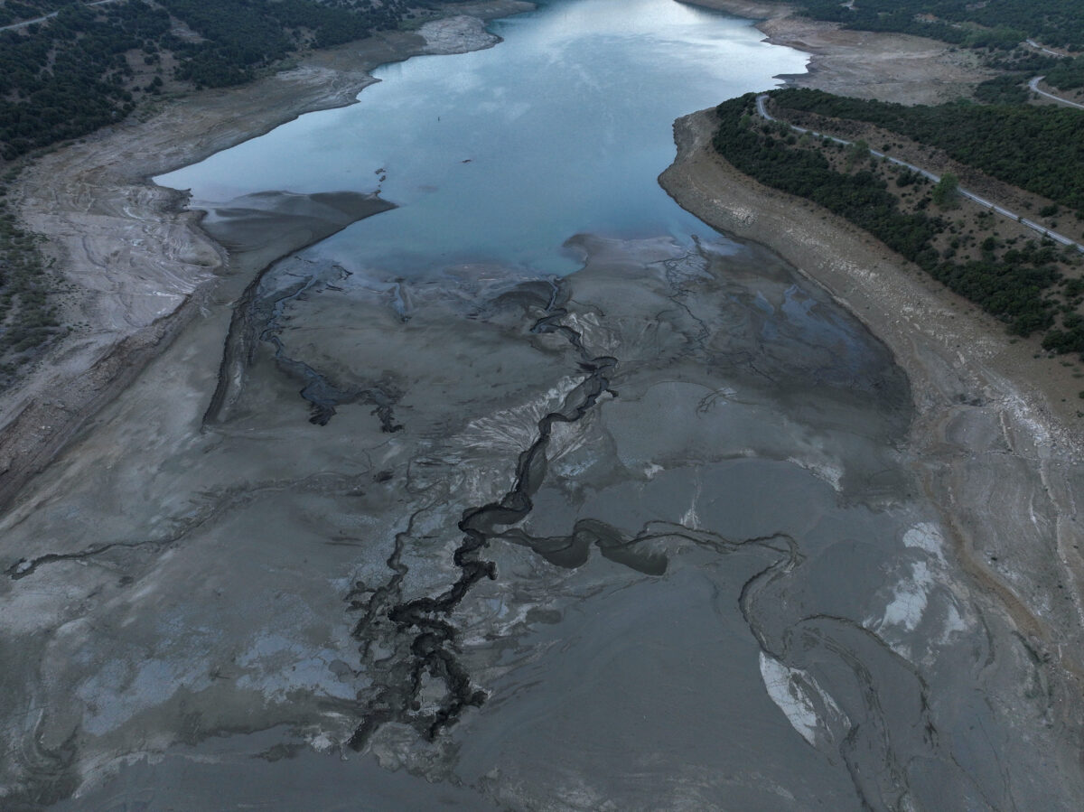 A drone view shows a dried part of Lake Mornos