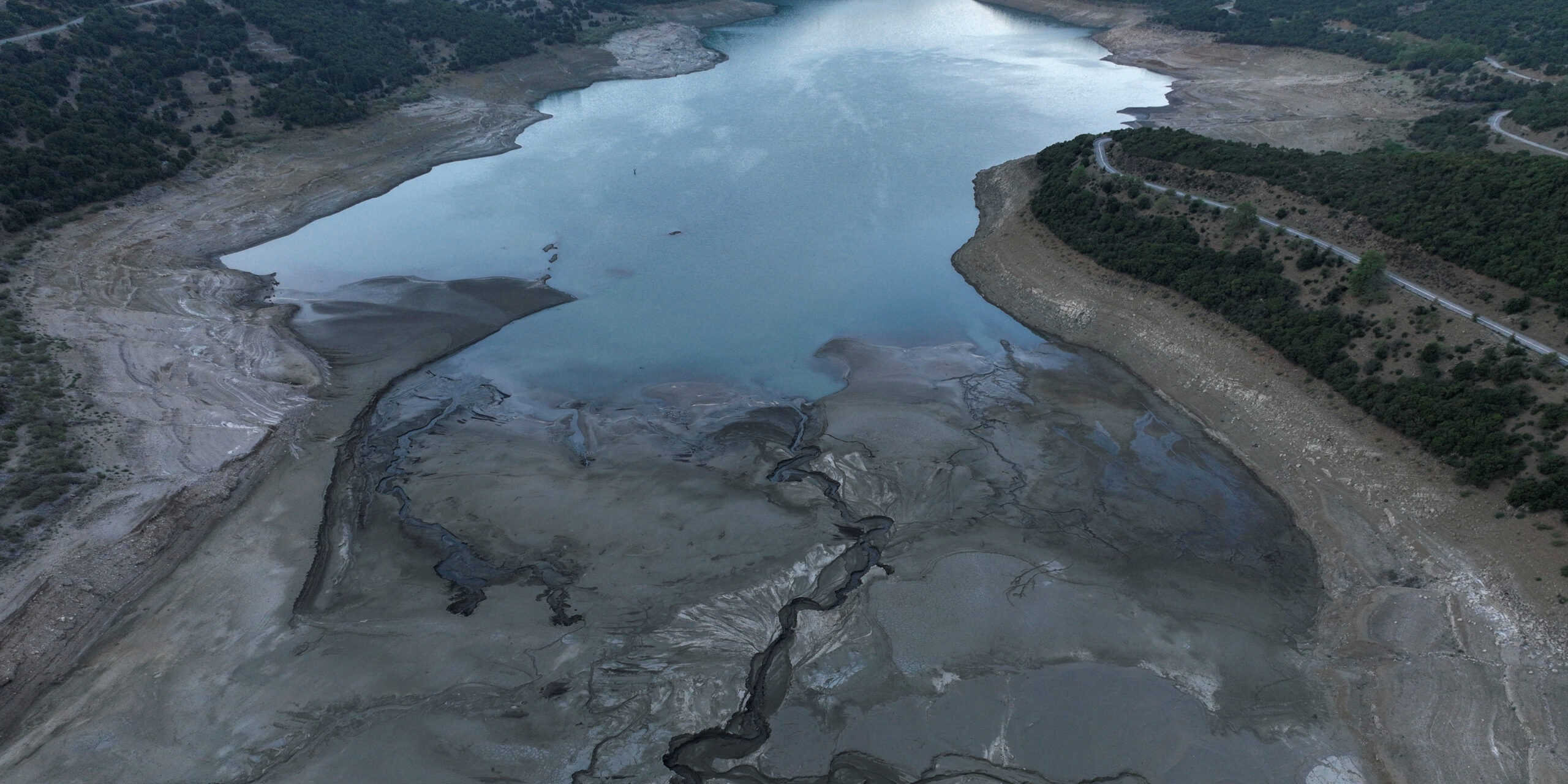 A drone view shows a dried part of Lake Mornos