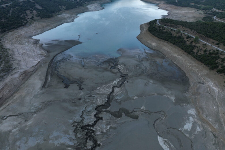 A drone view shows a dried part of Lake Mornos
