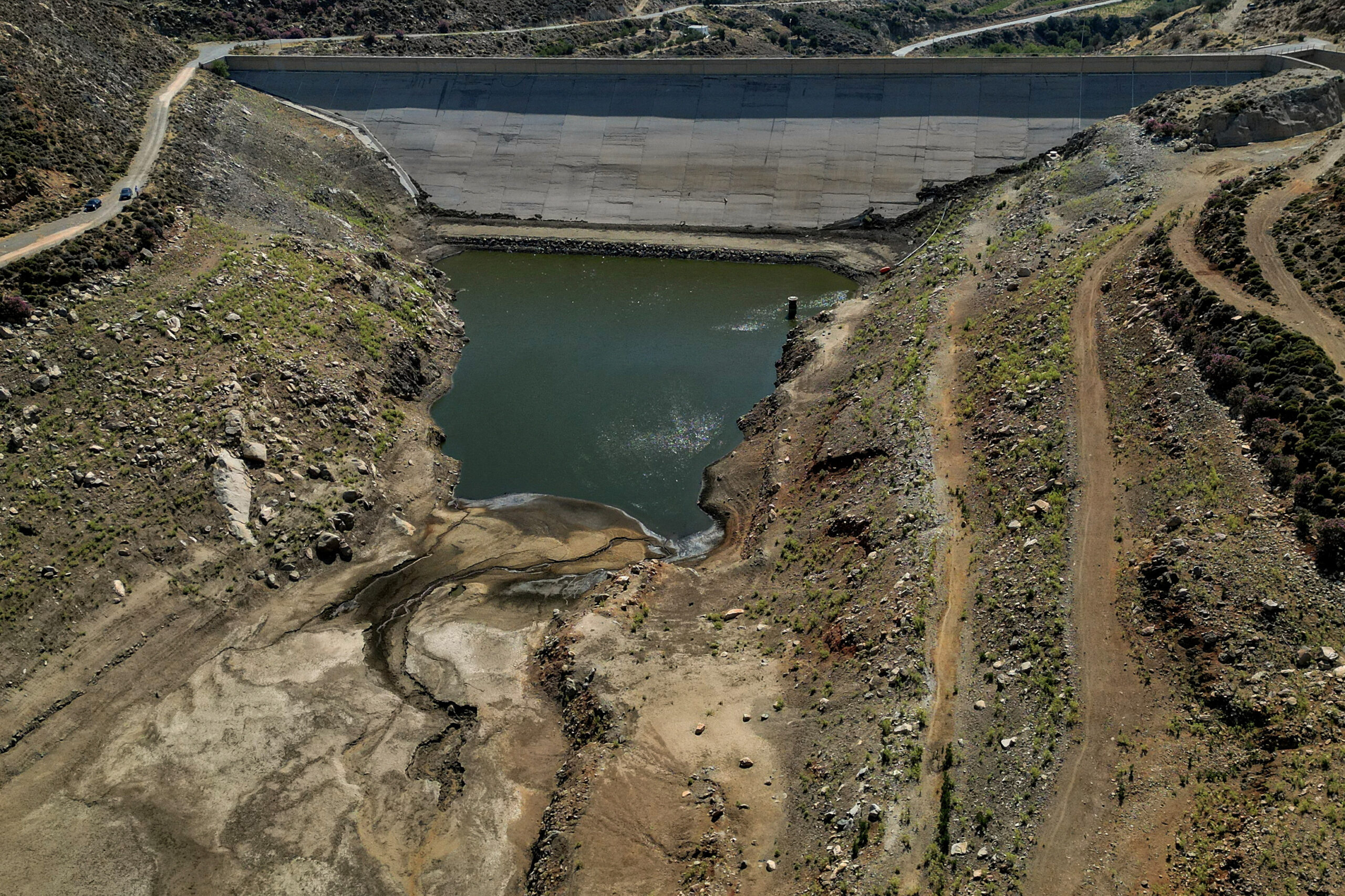 A drone view shows the Eggares irrigation dam, on the island of Naxos, Greece
