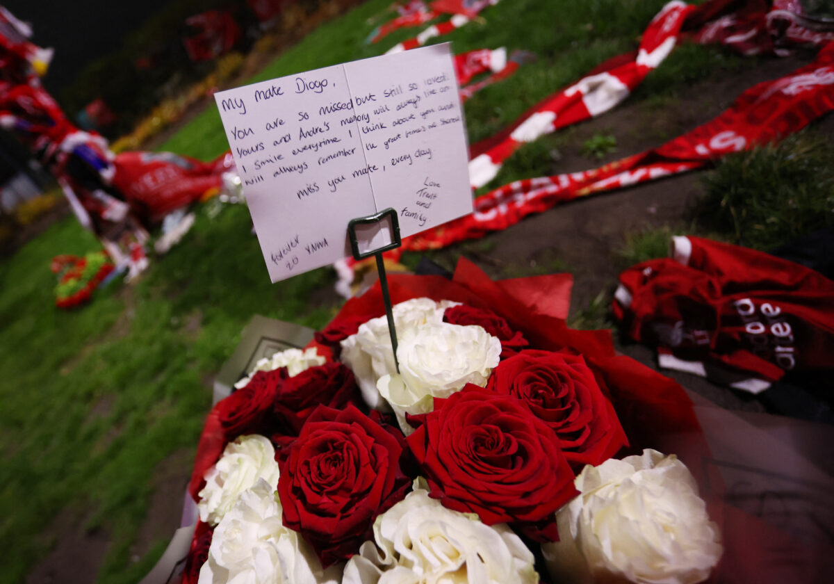 Soccer Football - UEFA Champions League - Real Madrid pay tribute to Diogo Jota - Anfield, Liverpool, Britain - November 3, 2025 A message from Real Madrid's Trent Alexander-Arnold to former teammate Diogo Jota is pictured at the memorial outside Anfield Action Images via Reuters