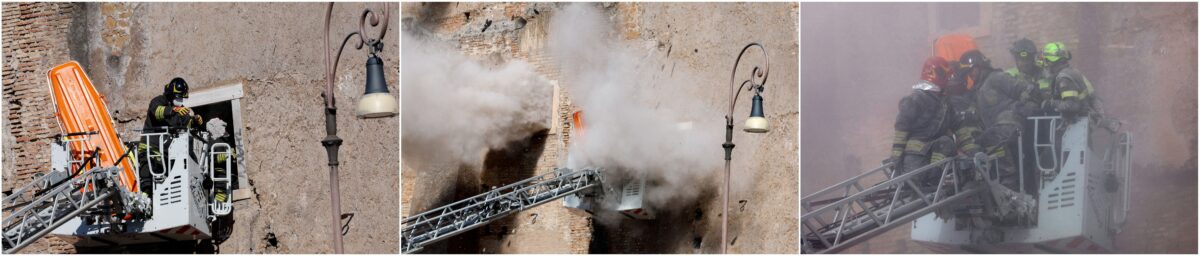 Μια σύνθετη φωτογραφία δείχνει έναν πυροσβέστη να πετάει ένα κομμάτι ερειπίων (αριστερά) και σκόνη να υψώνεται από το πύργο Torre dei Conti.