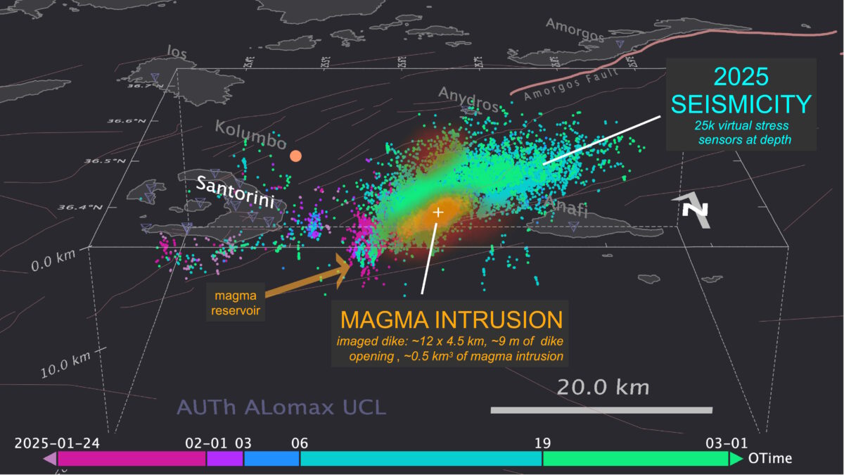 Χάρτης που δείχνει τη σεισμική δραστηριότητα στα ανοικτά των νησιών Σαντορίνη και Αμοργός
