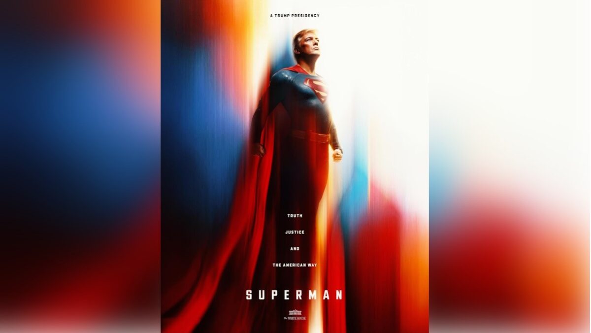 Μια εικόνα τεχνητής νοημοσύνης που δημιουργήθηκε από τον Λευκό Οίκο, η οποία δείχνει τον Ντόναλντ Τραμπ ως Σούπερμαν