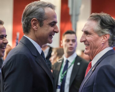 Greek Prime Minister Kyriakos Mitsotakis talks with U.S. Interior Secretary Doug Burgum during a Partnership for Transatlantic Energy Cooperation (P-TEC) meeting in Athens,