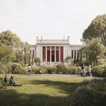 Φωτορεαλιστική απεικόνιση του εξωτερικού χώρου του νέου Εθνικού Αρχαιολογικού Μουσείου