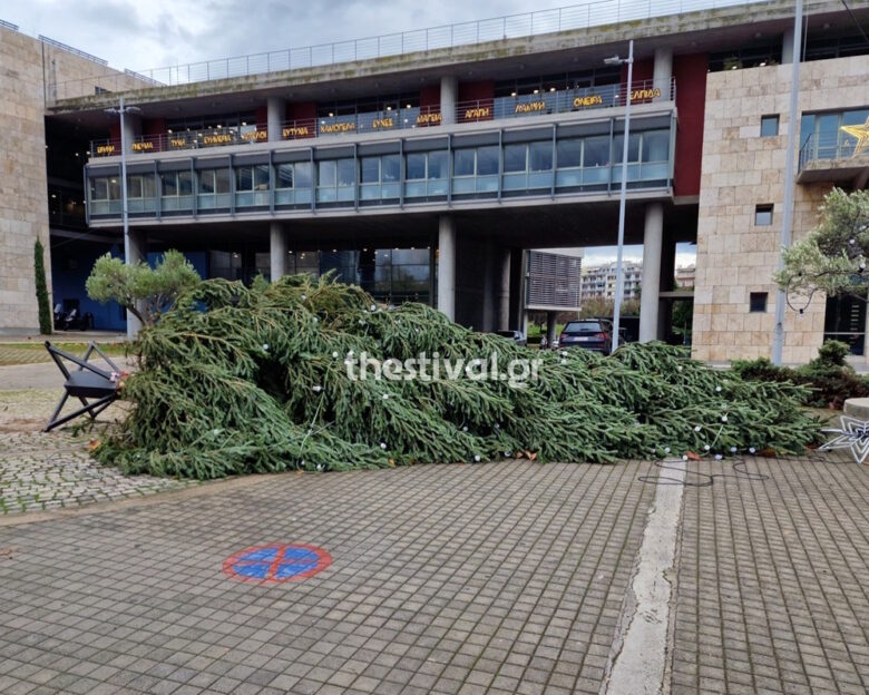 Θεσσαλονίκη: «Γκρεμίστηκε» το χριστουγεννιάτικο δέντρο μπροστά στο δημαρχείο λόγω ισχυρών ανέμων από την κακοκαιρία Byron