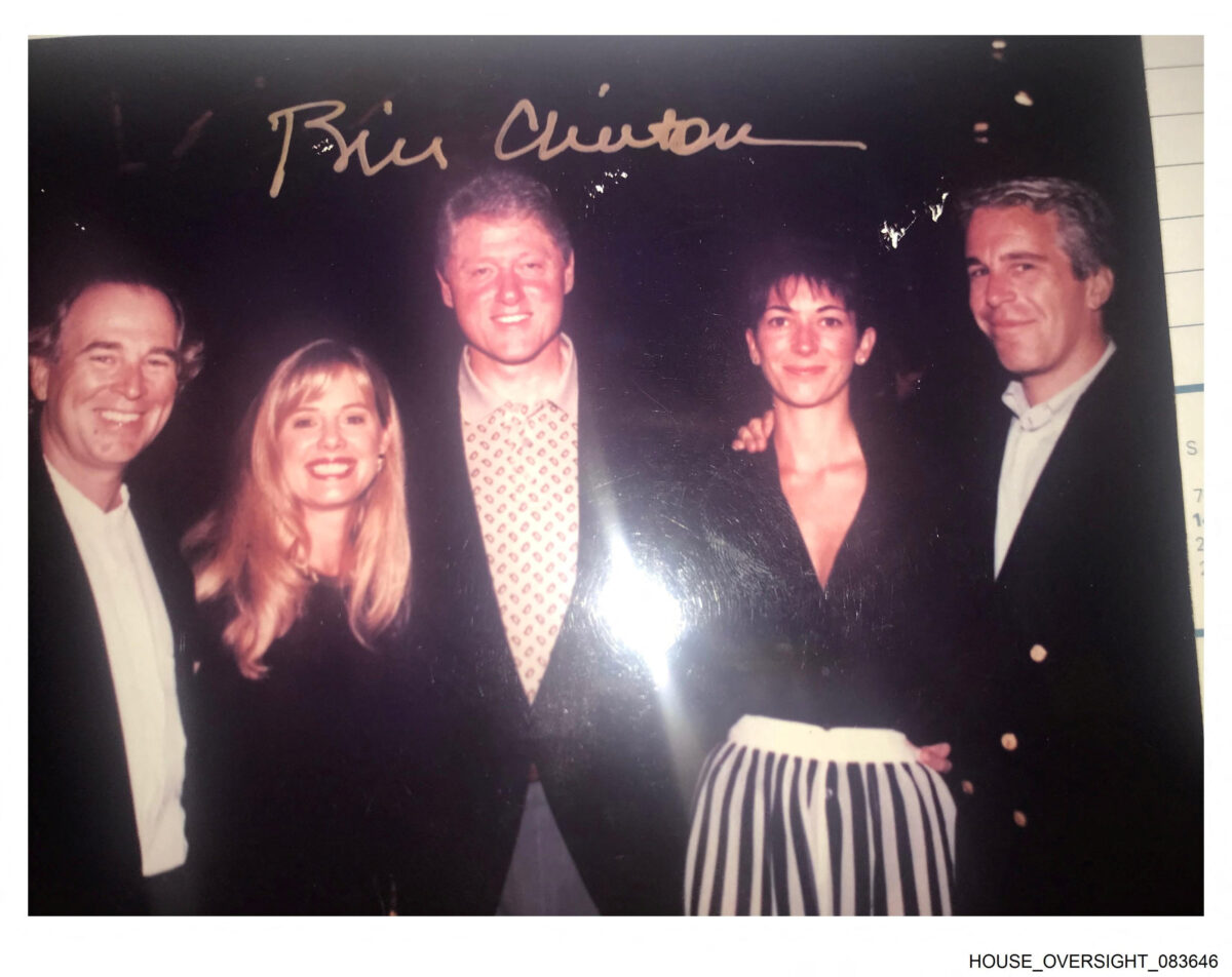 Former U.S. President Bill Clinton, Ghislaine Maxwell and late financier and convicted sex offender Jeffrey Epstein pose in this handout image released from Epstein's estate by Democrats on the House Oversight Committee in Washington, D.C., U.S., on December 12, 2025. House Oversight Committee Democrats