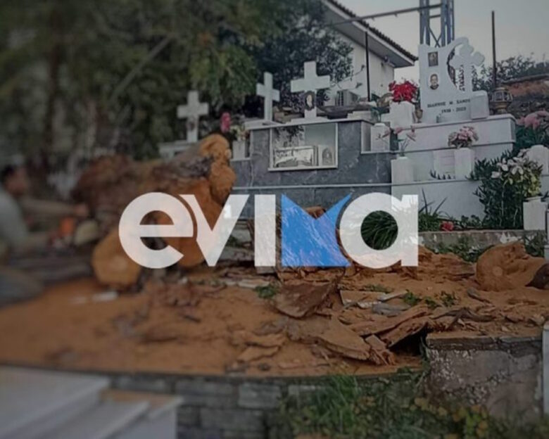 Κακοκαιρία Byron: Σοκαριστικές εικόνες καταστροφής σε νεκροταφείο στην Εύβοια – Δέντρο έπεσε πάνω σε τάφους