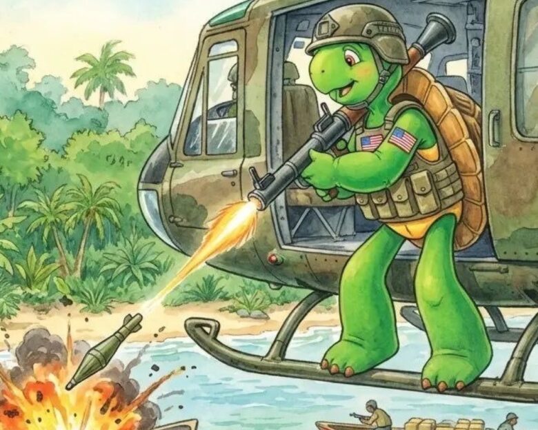 Έξαλλος ο «Φράνκλιν η χελώνα» με τον Πιτ Χέγκσεθ: Τον έντυσε με στρατιωτικά να ρίχνει χειροβομβίδα στους «ναρκο-τρομοκράτες»