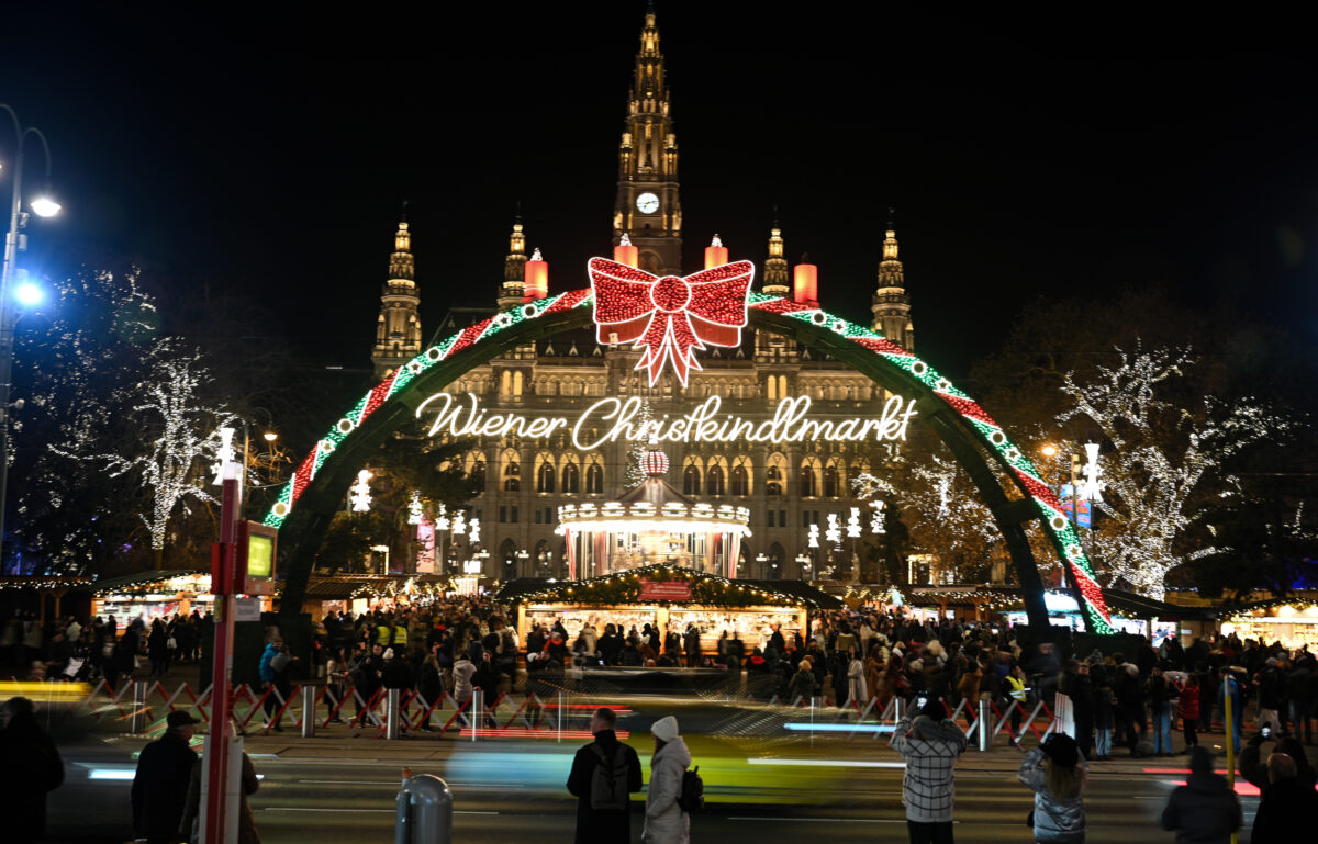 A view of Christmas market outside the city hall of Vienna, Austria