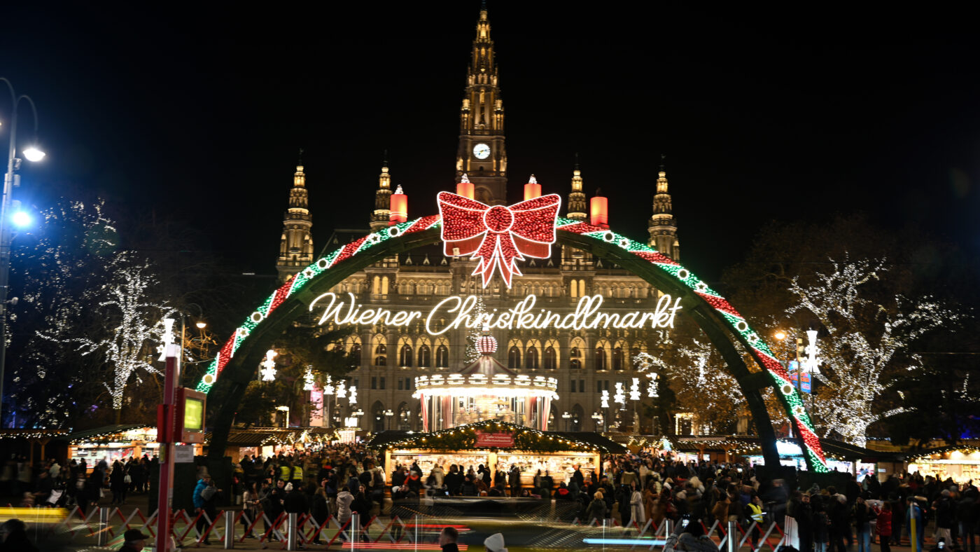 A view of Christmas market outside the city hall of Vienna, Austria