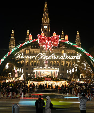 A view of Christmas market outside the city hall of Vienna, Austria
