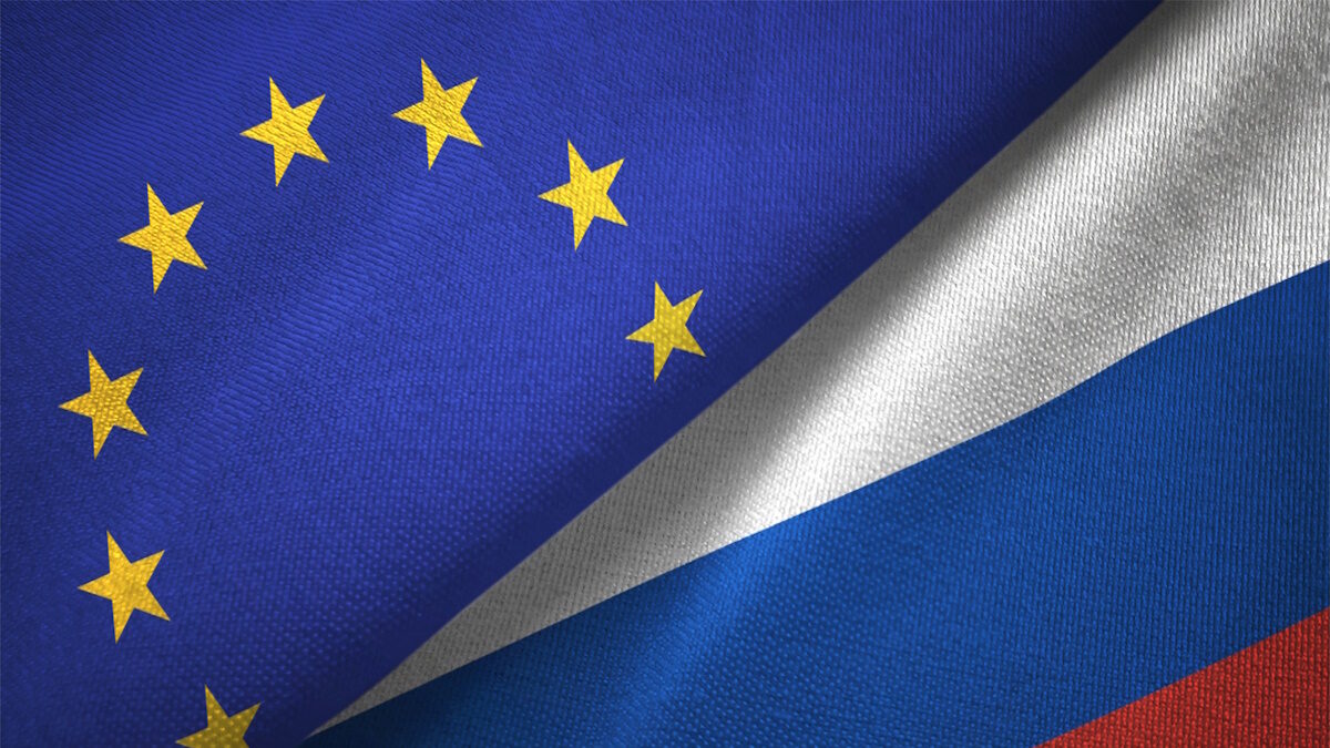 Russia and European Union flag together realtions textile cloth fabric texture