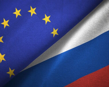 Russia and European Union flag together realtions textile cloth fabric texture