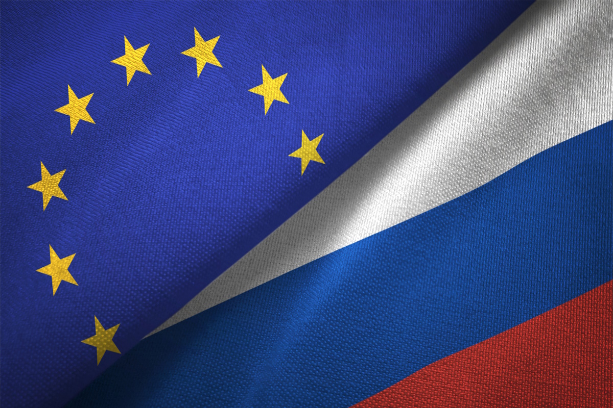 Russia and European Union flag together realtions textile cloth fabric texture