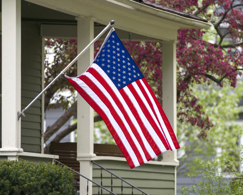 An American household has decided to mount their nations flag outside.