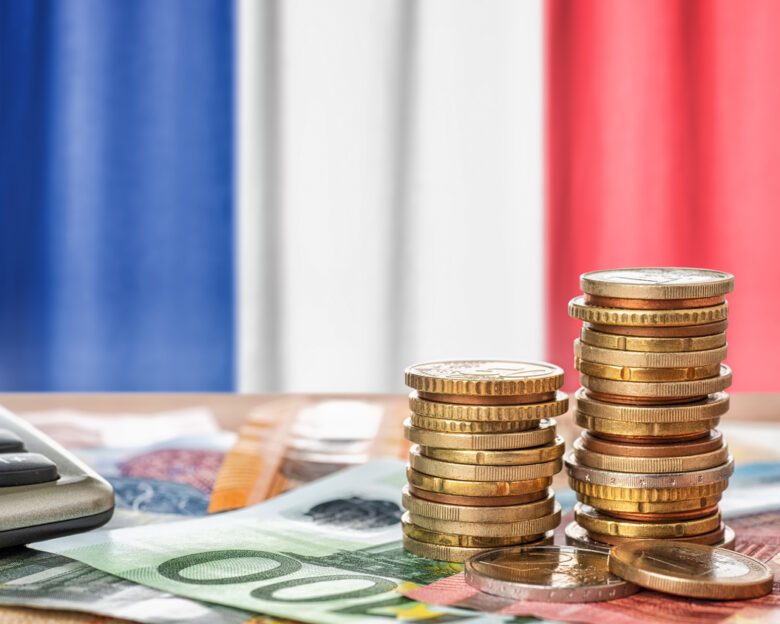 Euro banknotes and coins in front of the national flag of France