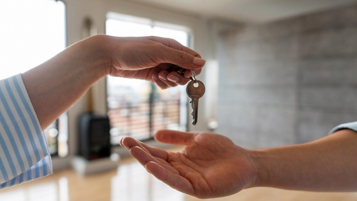 Close-up on a real estate agent giving the keys of his new house to a man - home ownership concepts