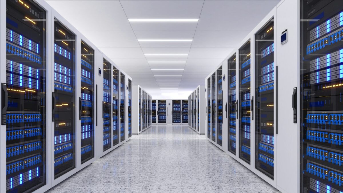 Shot of Data Center With Multiple Rows of Fully Operational Server Racks