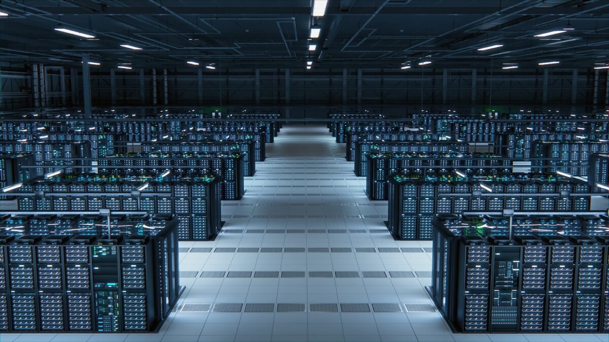 Modern Data Technology Center Server Racks Working in Well-Lighted Room. Concept of Internet of Things, Big Data Protection, Storage, Cryptocurrency Farm, Cloud Computing. Mining Facility Warehouse