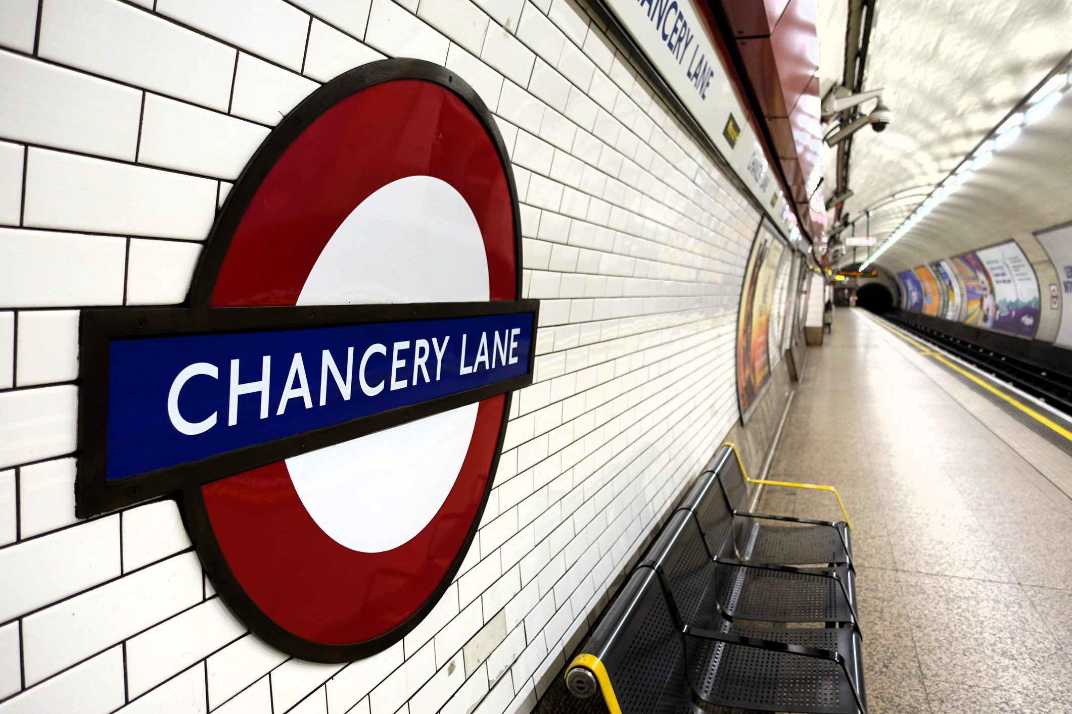 London, England, UK - February 10th 2024: Chancery Lane tube station Public Transportation roundel sign on platform