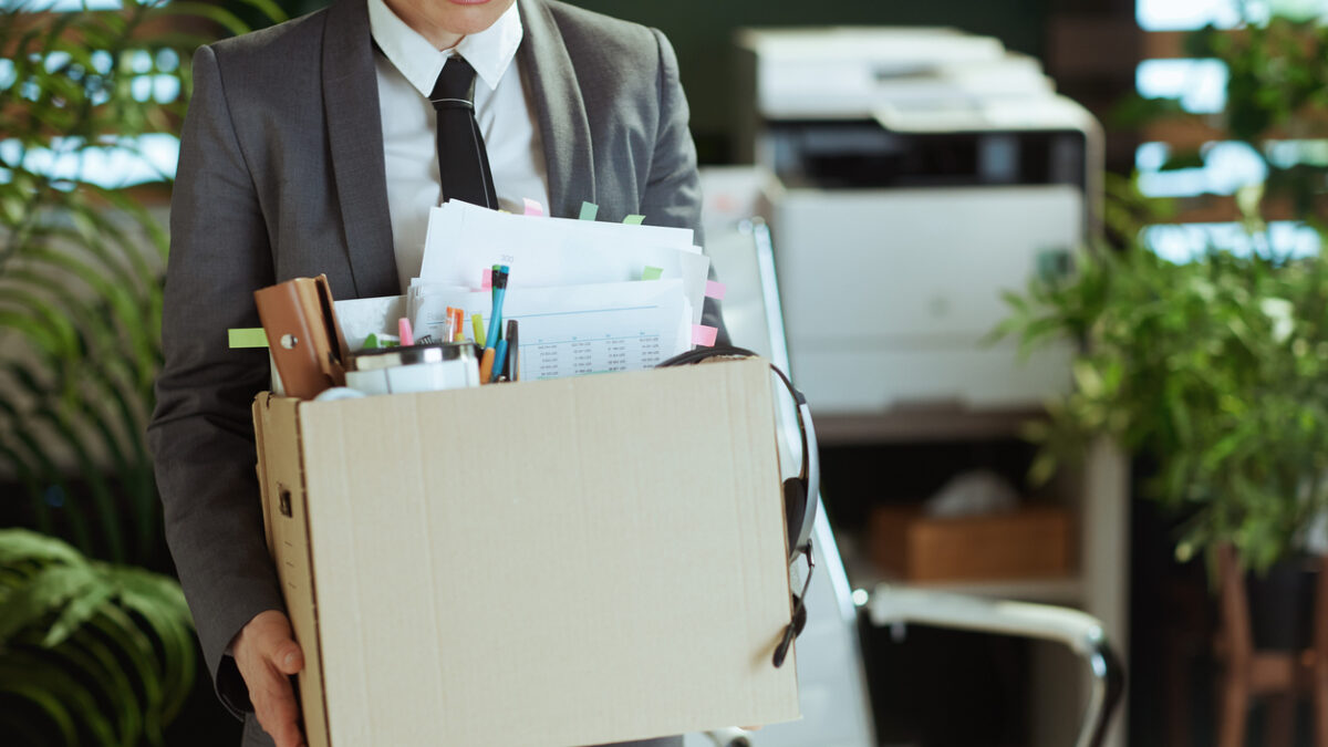 New job. Closeup on modern female employee in modern green office in grey business suit with personal belongings in cardboard box.
