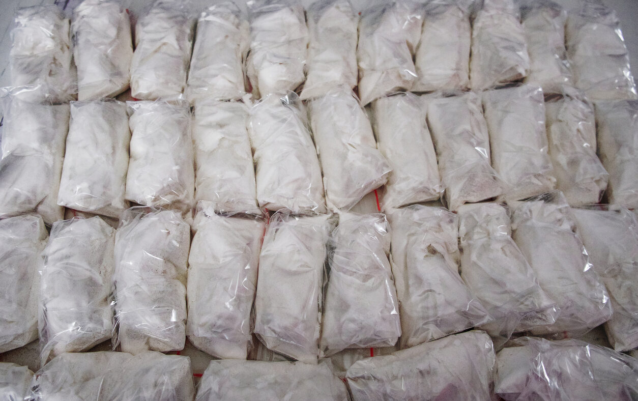 A large number of transparent sachets filled with white powder. White powder packaged in small sachets.