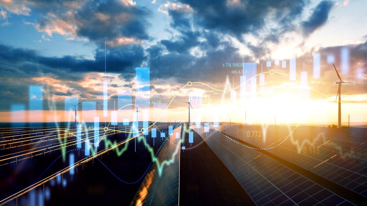 Increase or rising in electricity prices on the world market. Photovoltaic power station with double exposure of digital financial chart graphs and stock market.Green energy in full development.