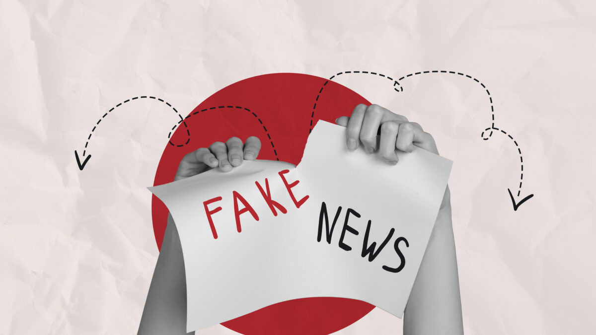 Composite collage illustration of human arms destroying paper banner with fake news disinformation isolated on white color background