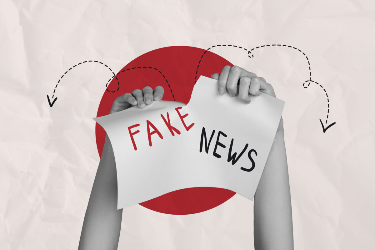 Composite collage illustration of human arms destroying paper banner with fake news disinformation isolated on white color background