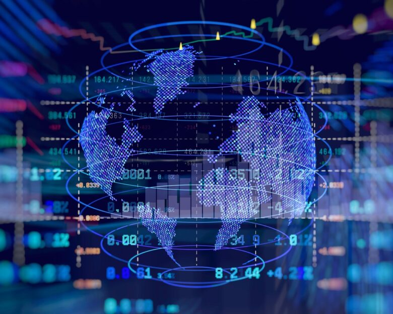 High-tech abstract background global financial market interface with world map and digital candlestick chart overlay. Concept for international economics, blockchain and cryptocurrency trading