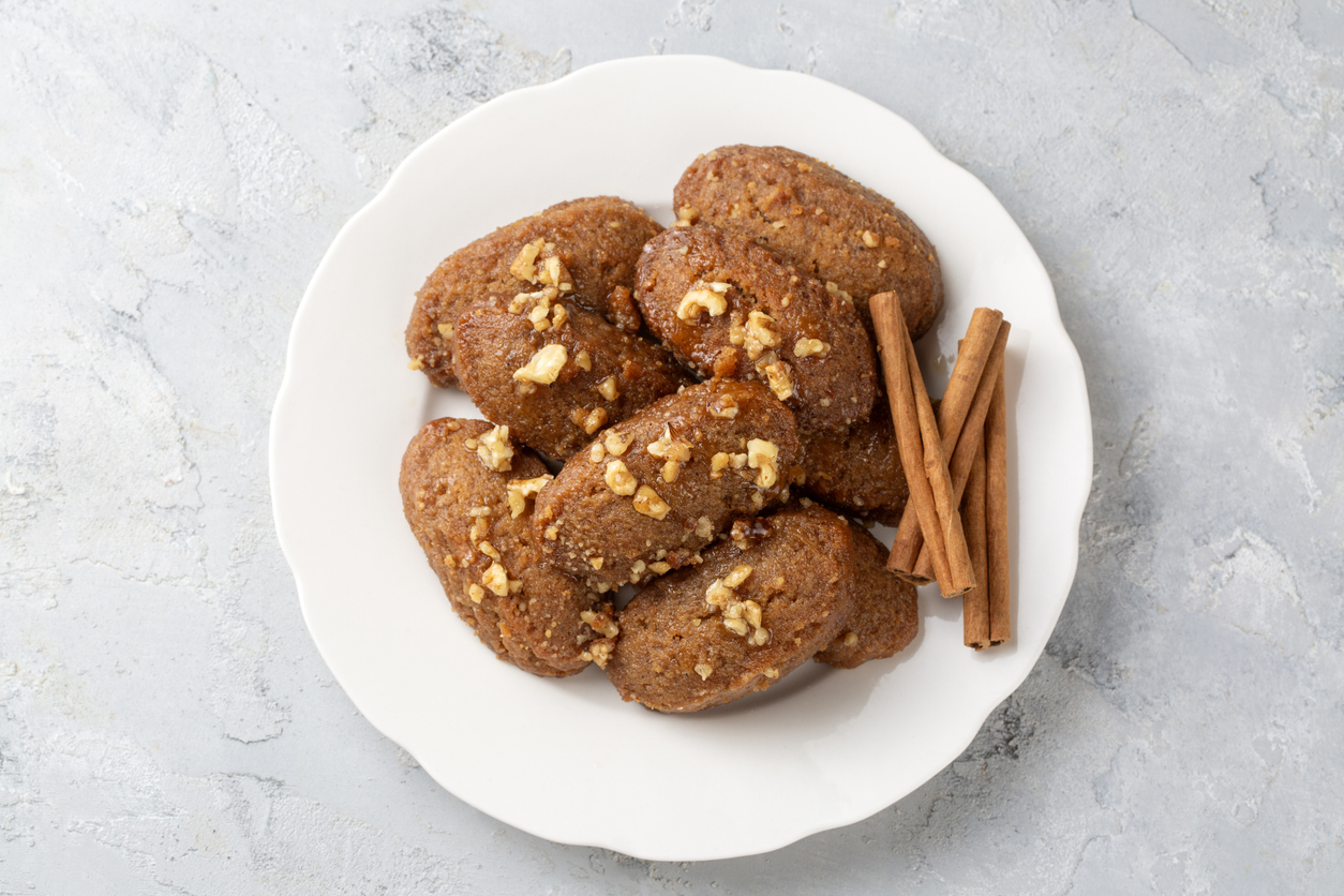Close-up of homemade greek traditional melomakarona cookies
