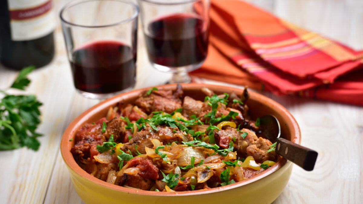 Rabbit stew a basque with onion, pepper, and parsley