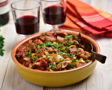 Rabbit stew a basque with onion, pepper, and parsley