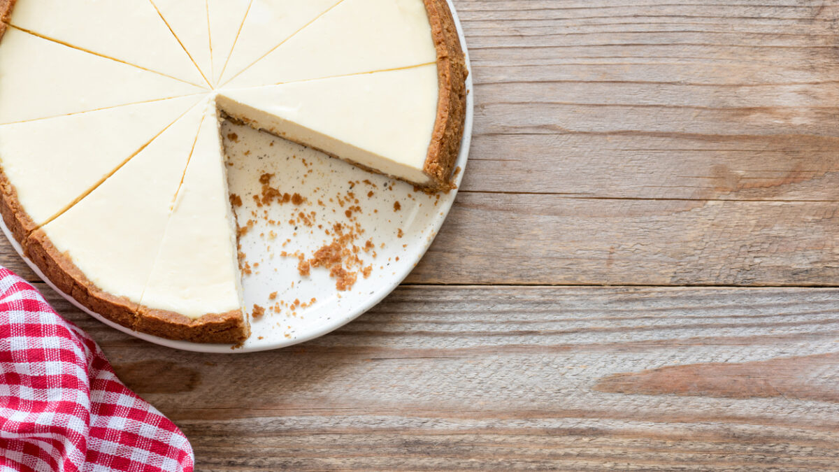 New York cheesecake on wooden background or food background with cheesecake. Top view and copy space for text