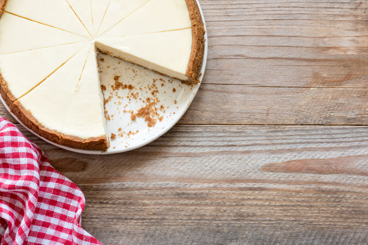 New York cheesecake on wooden background or food background with cheesecake. Top view and copy space for text