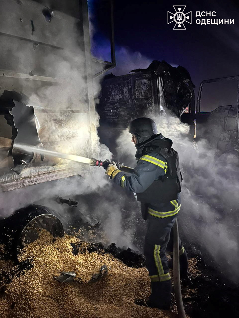 A firefighter works at the site of a Russian missile and drone strike, amid Russia's attack on Ukraine, in Odesa region, Ukraine in this handout picture released December 20, 2025. Press service of the State Emergency Service of Ukraine in Odesa region