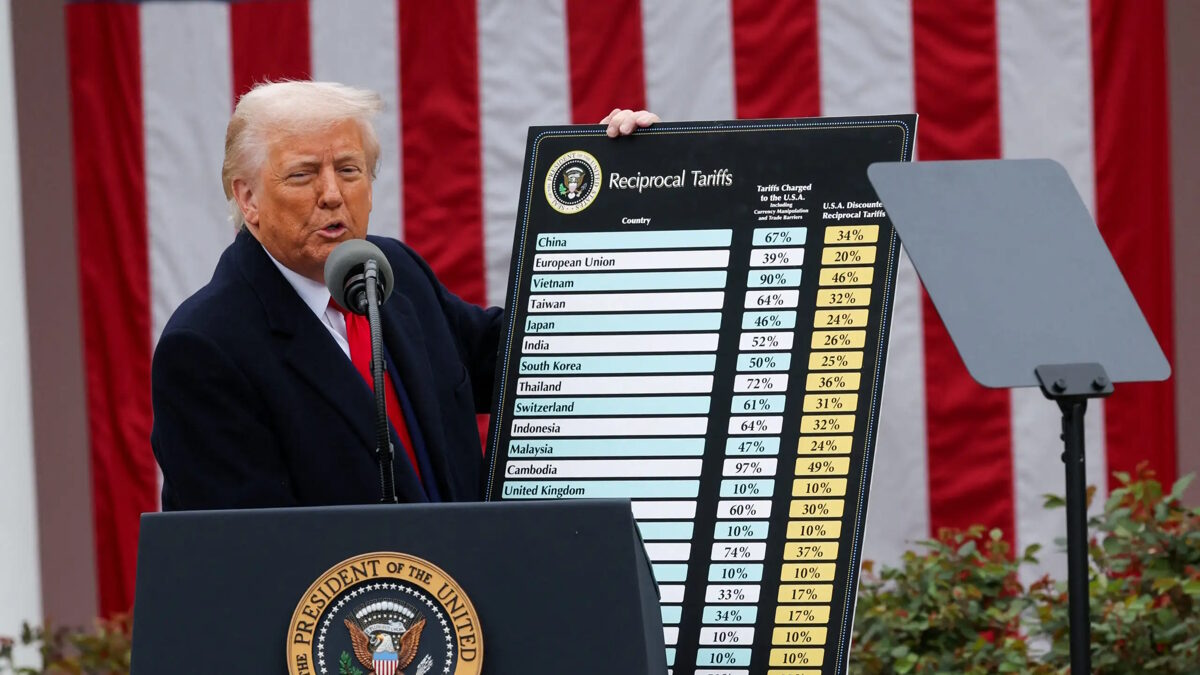 Ο Ντόναλντ Τραμπ δείχνει λίστα με χώρες που επιβάλλονται δασμοί