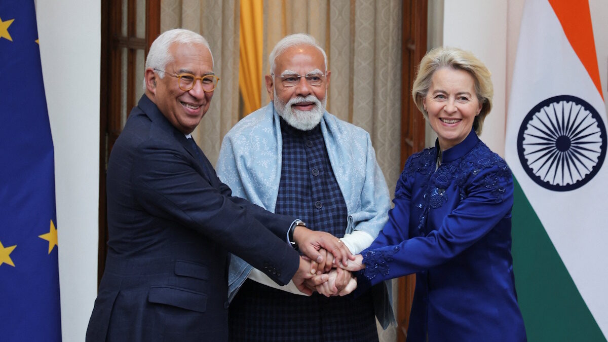 European Council President Antonio Costa, European Commission President Ursula von der Leyen and Indian Prime Minister Narendra Modi pose during a photo opportunity ahead of their meeting at the Hyderabad House in New Delhi, India
