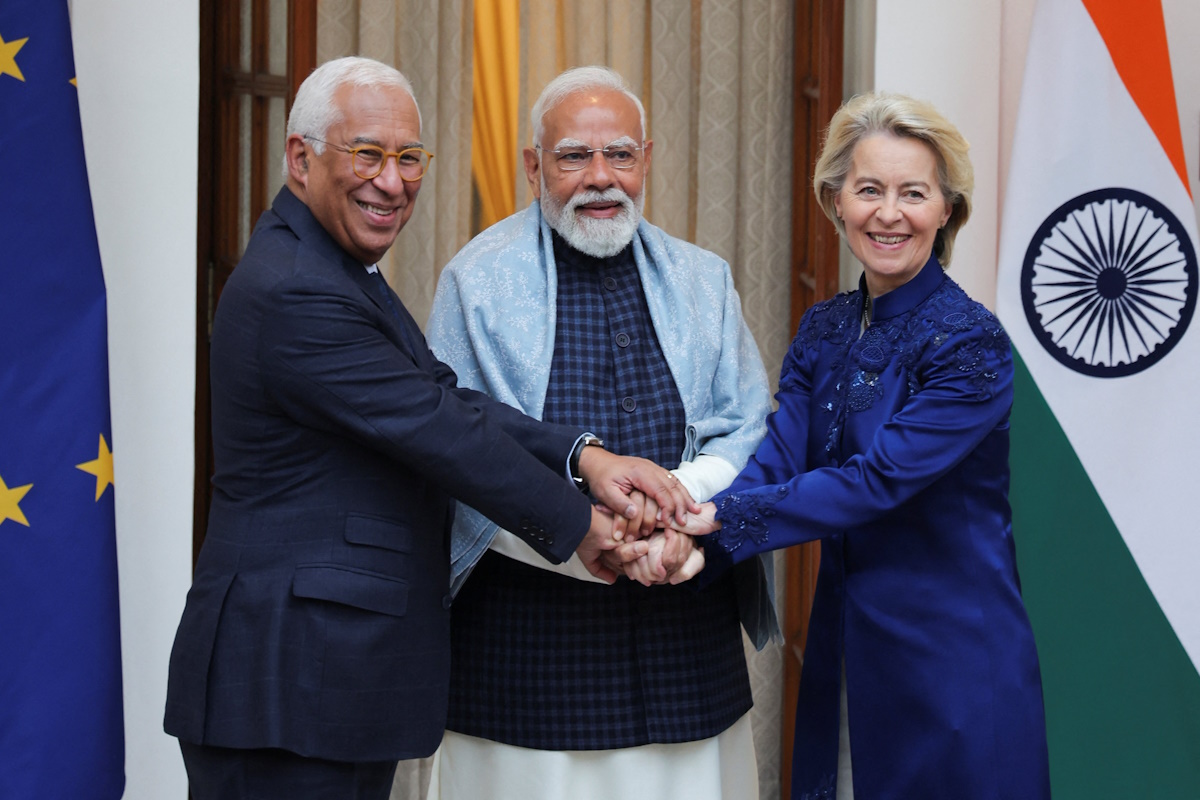 European Council President Antonio Costa, European Commission President Ursula von der Leyen and Indian Prime Minister Narendra Modi pose during a photo opportunity ahead of their meeting at the Hyderabad House in New Delhi, India