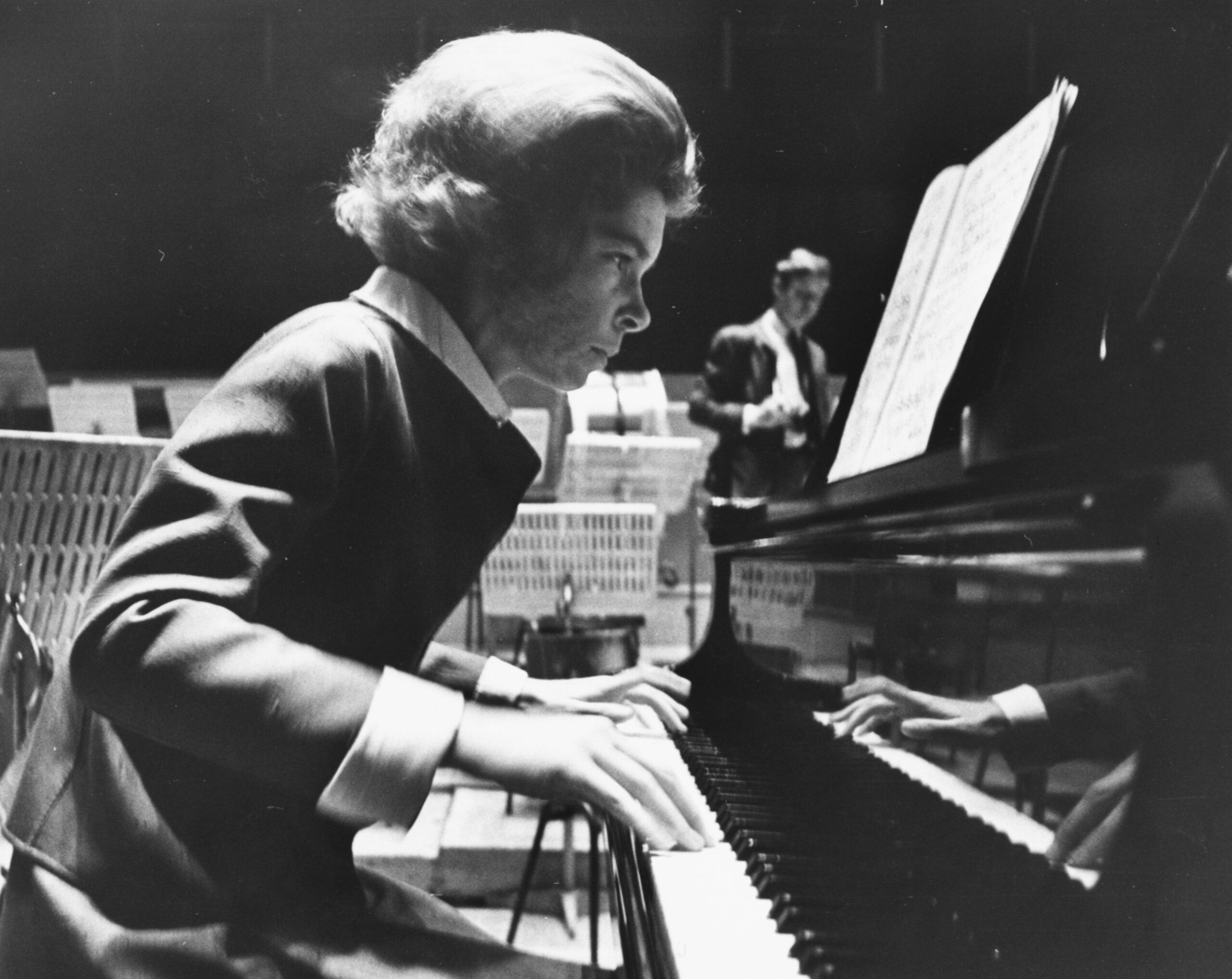 Princess Irene of Greece playing the piano during rehearsals for her debut at Royal Festival Hall