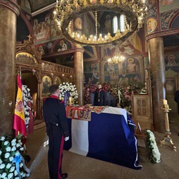 The mortal remains of Princess Irene of Greece are being laid to rest in the Greek Orthodox Cathedral of St Andrew and St Demetrius on 17 January 2026 in Madrid (Spain). After being veiled in the privacy of the Zarzuela, the public farewell ceremonies for Princess Irene of Greece, who died on Thursday 15 January at the age of 83, have begun in Madrid. The coffin covered with the Greek flag and the coat of arms of the Hellenic royal family will be open to the public in the Greek Orthodox Cathedral until six o'clock in the evening. DEATH;COFFIN;PEOPLE;FERETRO José Ruiz / Europa Press 01/17/2026 (Europa Press via AP)