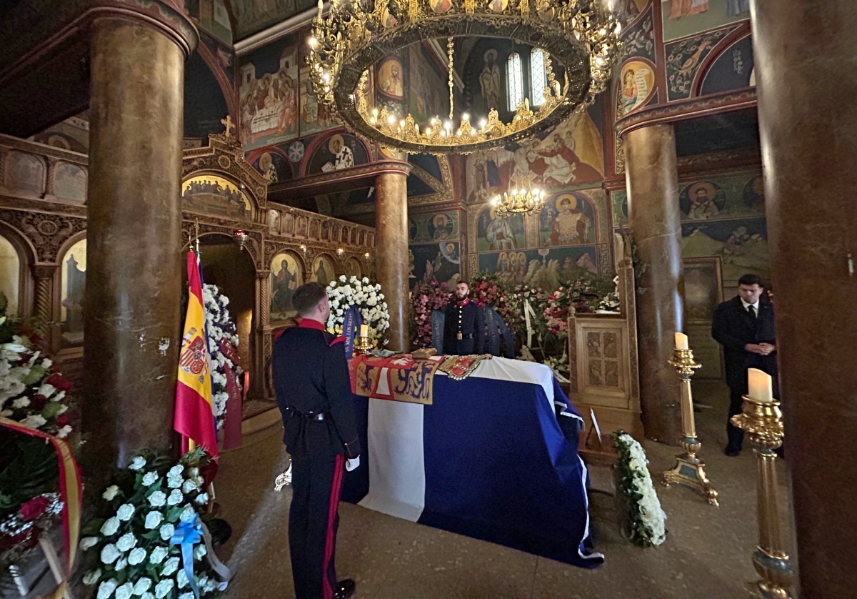 The mortal remains of Princess Irene of Greece are being laid to rest in the Greek Orthodox Cathedral of St Andrew and St Demetrius on 17 January 2026 in Madrid (Spain). After being veiled in the privacy of the Zarzuela, the public farewell ceremonies for Princess Irene of Greece, who died on Thursday 15 January at the age of 83, have begun in Madrid. The coffin covered with the Greek flag and the coat of arms of the Hellenic royal family will be open to the public in the Greek Orthodox Cathedral until six o'clock in the evening. DEATH;COFFIN;PEOPLE;FERETRO José Ruiz / Europa Press 01/17/2026 (Europa Press via AP)