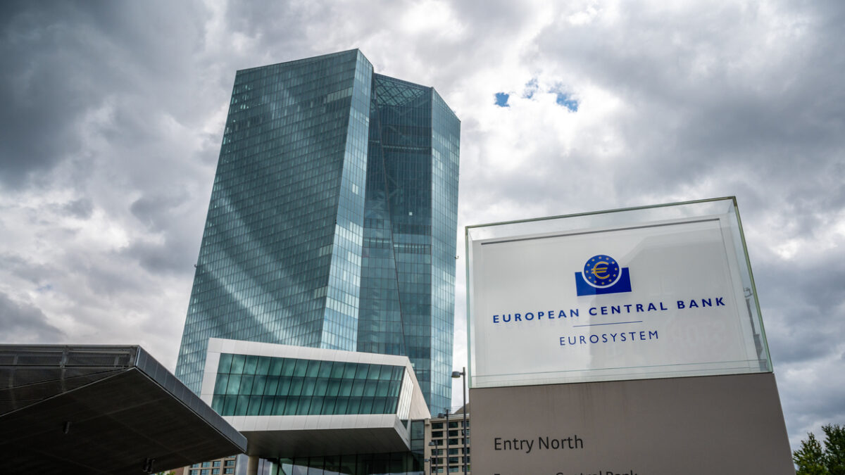 Main building of European Central Bank in Frankfurt, Germany on the banks of the River Main