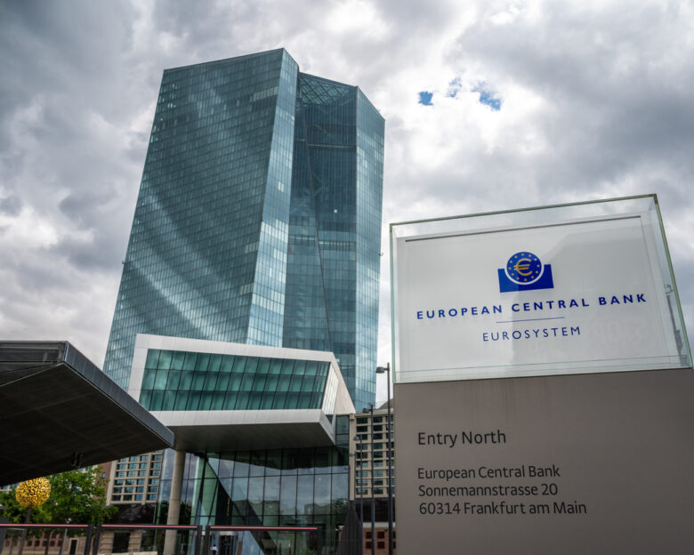 Main building of European Central Bank in Frankfurt, Germany on the banks of the River Main